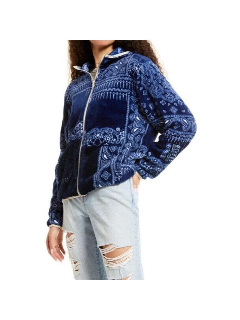 BP Bnwot Women Faux Shearling Bandana Patchwork Sweater Sz Small Full Zip Hooded